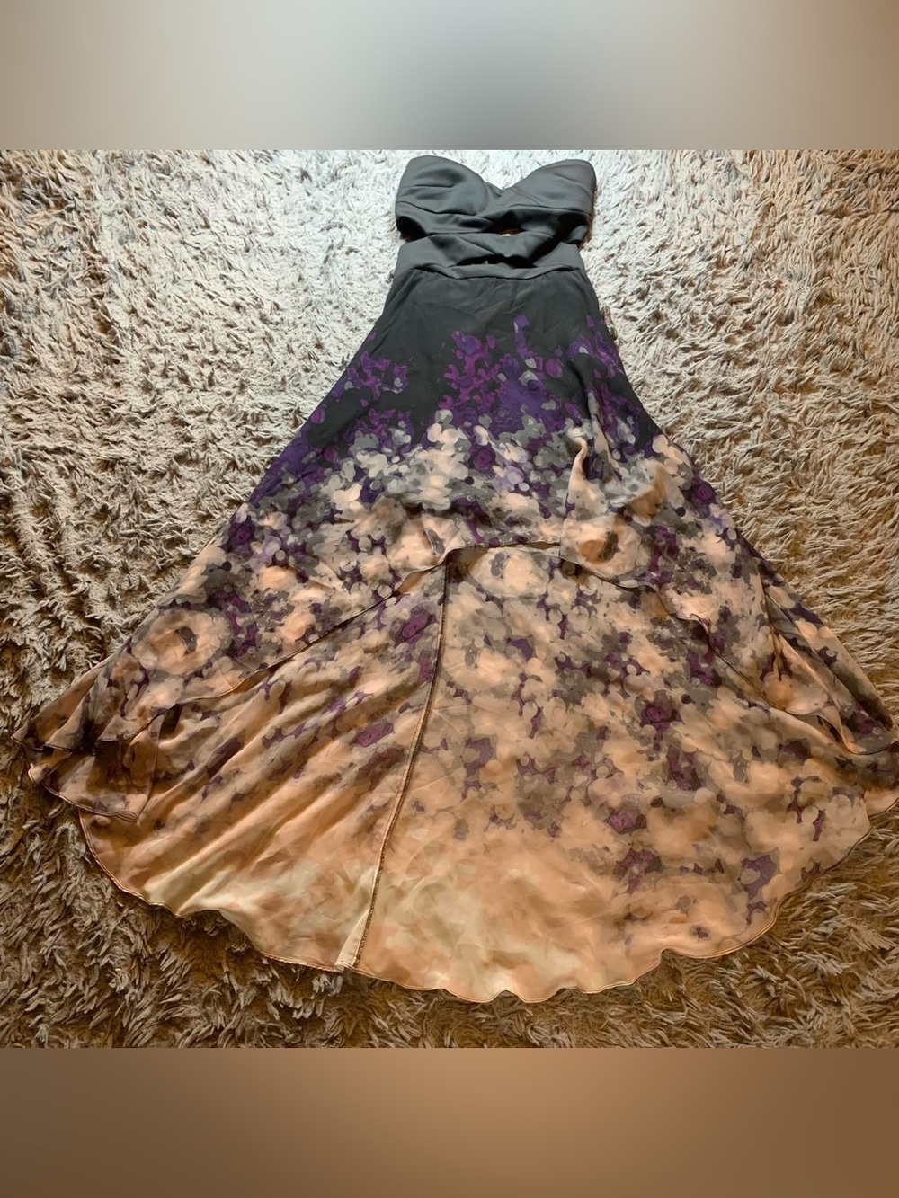 2010s Arden B black strapless hi lo cutout floral ombre dress sz S